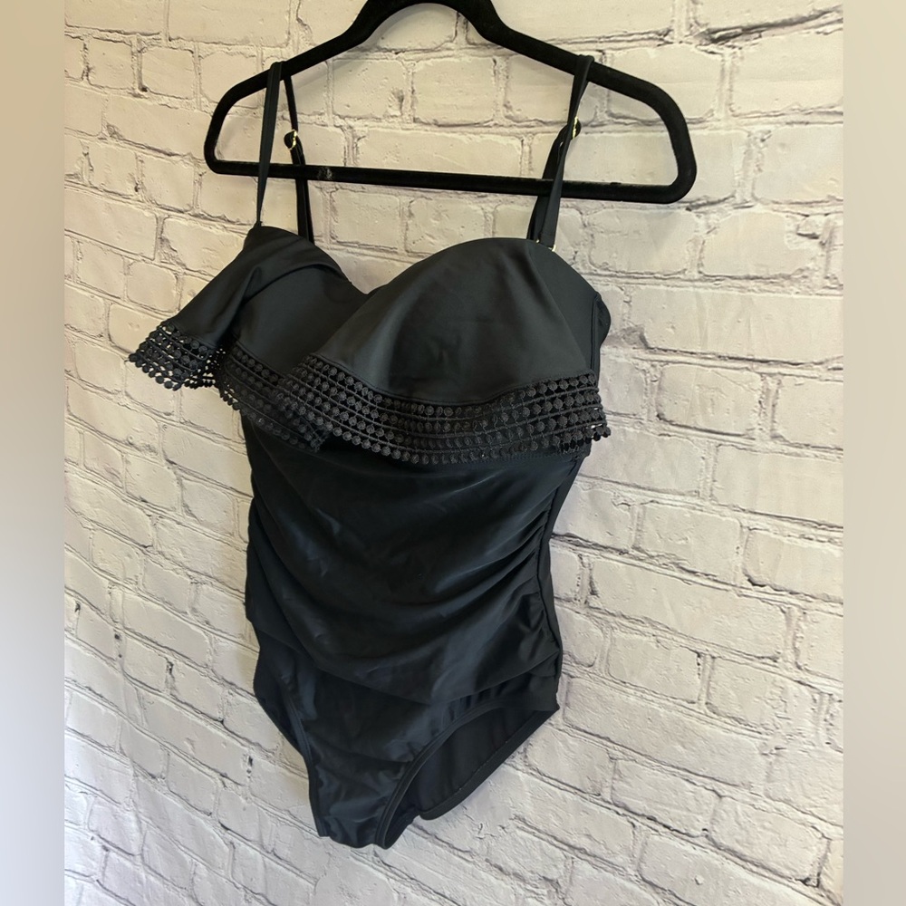 Kona Sol Women's Crochet Flounce Bandeau One Piece Swimsuit Black Large